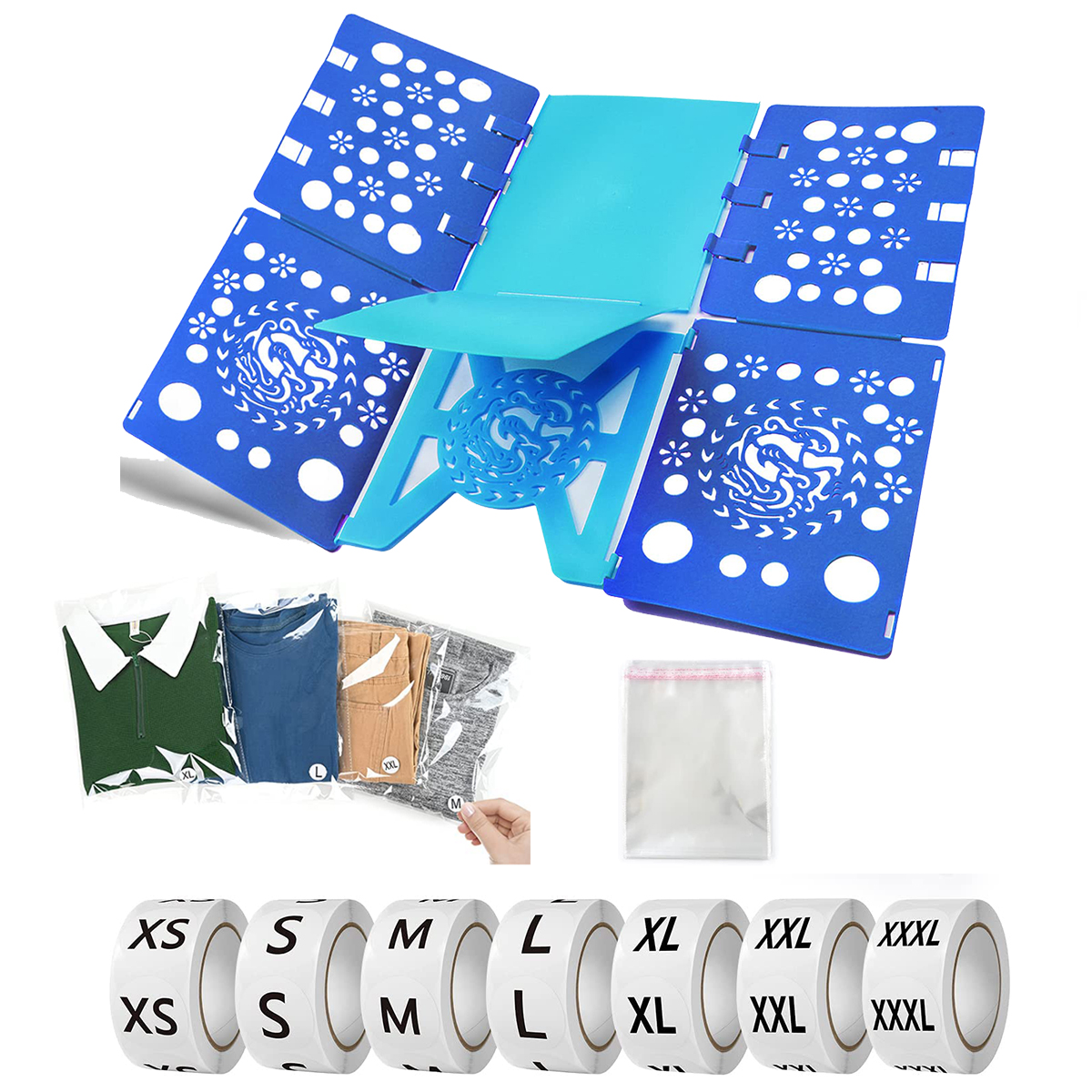 Immekey Shirt Folding Board T Shirts Clothes Folder, with Shirt Bags 100 Pcs10x13 Inches with Clothing Size Stickers Labels 7 Sizes 3500 Pcs, for